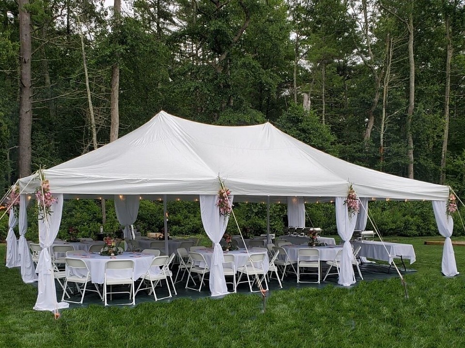 20x40 WHITE TENT $495(64 GUEST)... OR  20 x 30 WHITE PARTY TENT (48 GUEST) $395  (image shown with add ons)